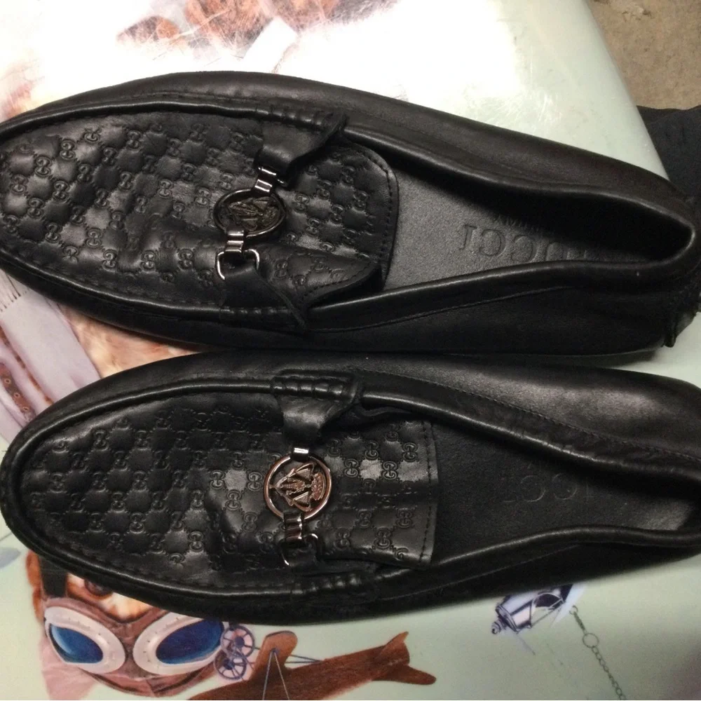 Gucci Black Leather Embossed GG Horsebit Loafers